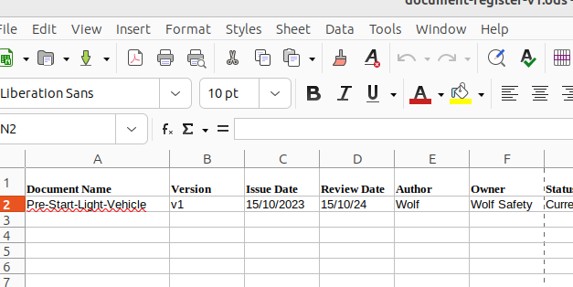 WHS Document Register (Spreadsheet)