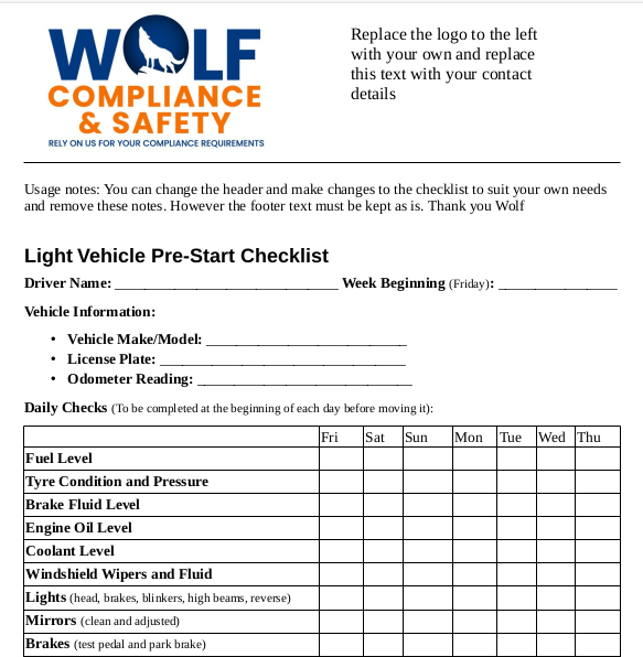 Light Vehicle Pre-Start Checklist